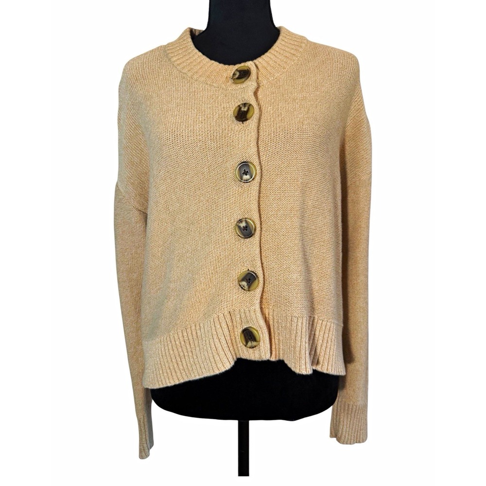 Quince Women's Knit Cardigan Sweater Button Front Crew Neck Beige Solid XS